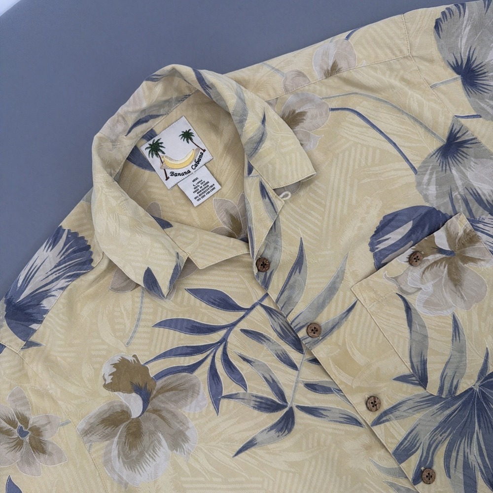 Banana Cabana Mens L Silk Hawaiian Camp Shirt Beige Blue Floral Aloha